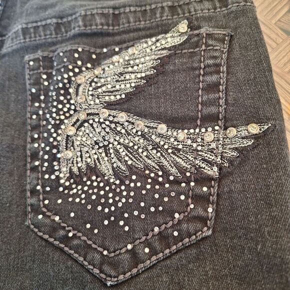 Rebel & Soul Embellished Skinny Jean Glitzy Wings Black Stretch Denim women's 10 - Picture 4 of 16